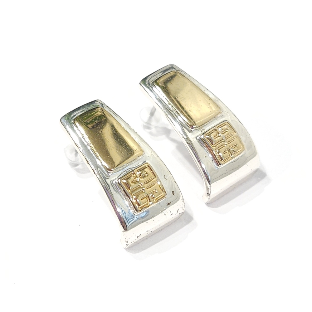Vintage Givenchy Earrings Logo Earrings Silver & Gold Tone Pierced Post